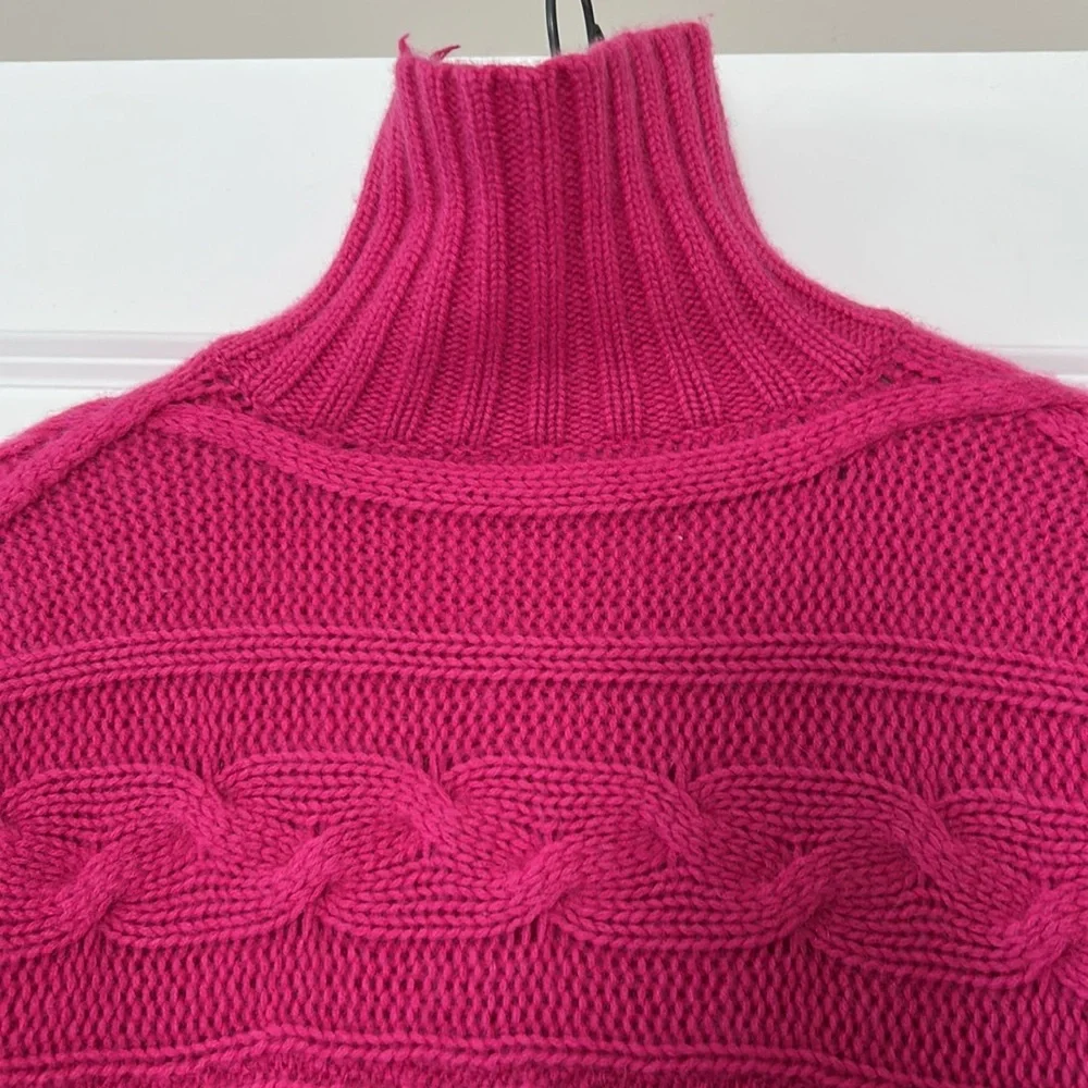 Garnet Hill Cashmere Cable Knit Sweater Turtleneck Magenta Pink M w MEASUREMENTS - Picture 10 of 12